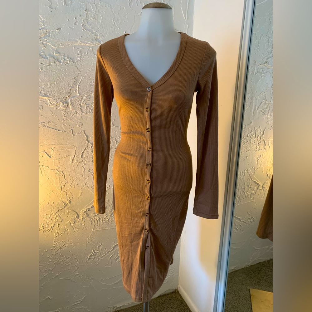 Camel button v-neck dress